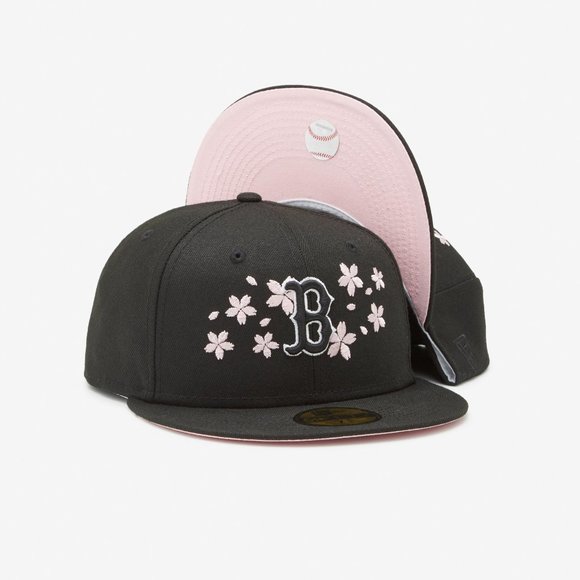 Boston Red Sox New Era 59Fifty Black Fitted CUSTOM "Cherry Blossom" Cap Sz 7 3/8 - Picture 1 of 3